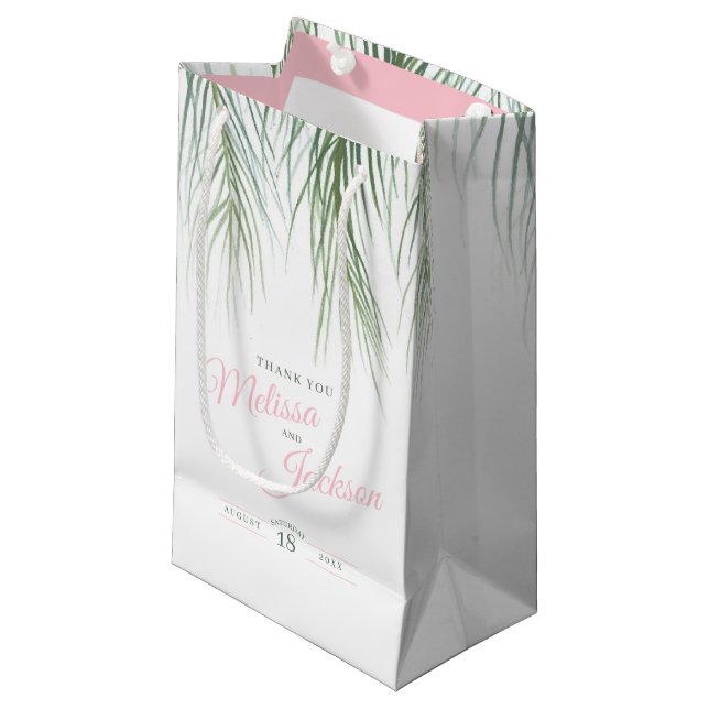 Tropische Palmenhochzeit dank dunkelgrünem, rosa W Kleine Geschenktüte (Vorderseite Schrägansicht)
