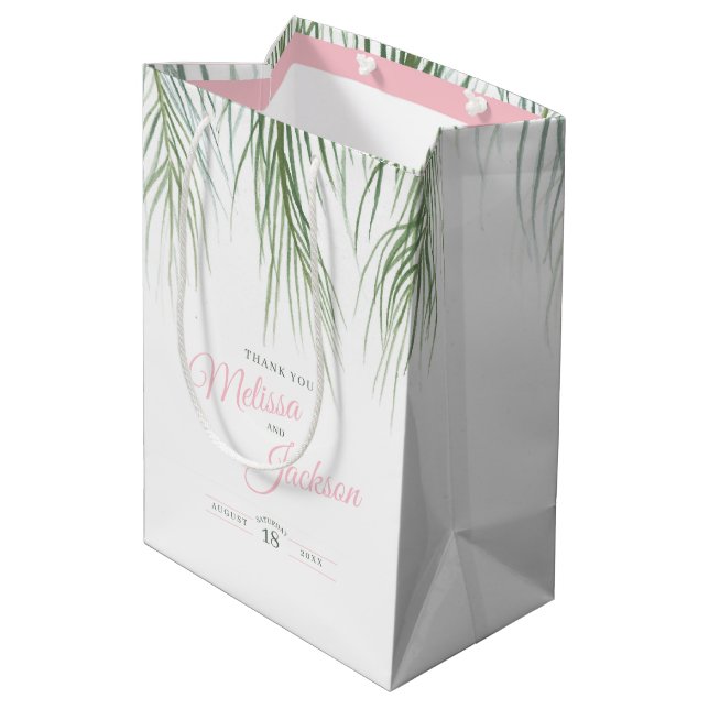Tropische Palmenhochzeit dank dunkelgrünem, rosa W Mittlere Geschenktüte (Rückseite Schrägansicht)