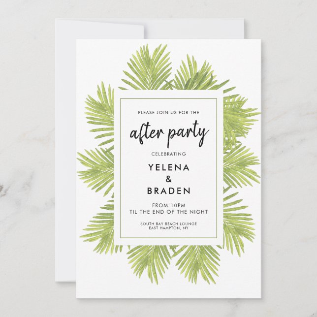 Tropische Palmenhochzeit nach dem Party Einladung (Vorderseite)