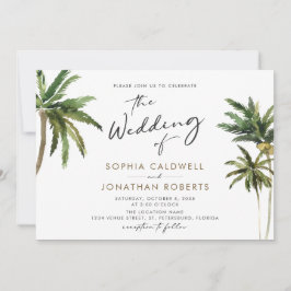 Tropische Palms-Kalligraphie-Hochzeit in Urlaubsor Einladung