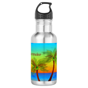 Tropische Palmsonnenuntergangsinsel Edelstahlflasche