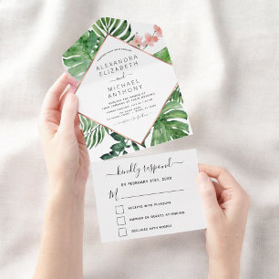 Tropische Palmwedel-Geometrie Roségoldene Hochzeit All In One Einladung