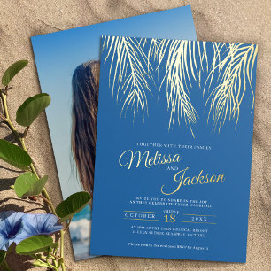 Tropische Palmwedel-Hochzeit blau goldfolie Folieneinladung