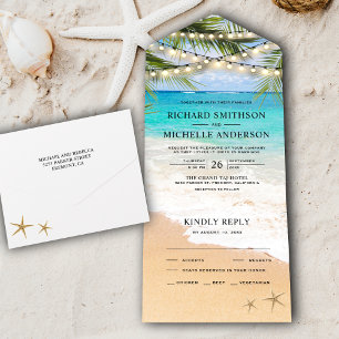 Tropische Palmwedel Strand Lichterkette Hochzeit All In One Einladung