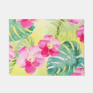 Tropische Palmwedel und rosa Hibiskusblüten Fußmatte