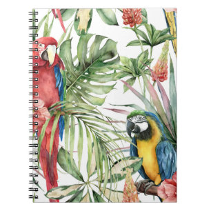 Tropische Papageien, Hibiskus: Aquarellmuster. Notizblock