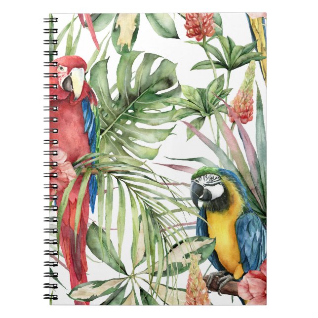 Tropische Papageien, Hibiskus: Aquarellmuster. Notizblock (Vorderseite)