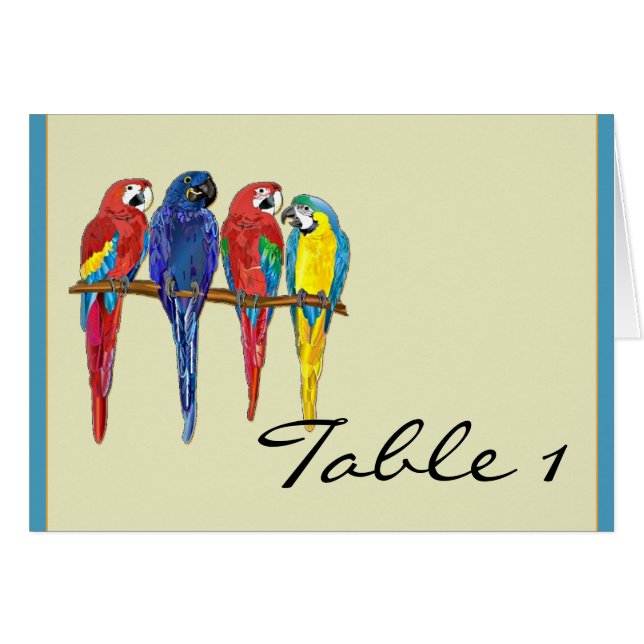 Tropische Papageien-Tischnummerzeltkarte (Vorderseite (Horizontal))