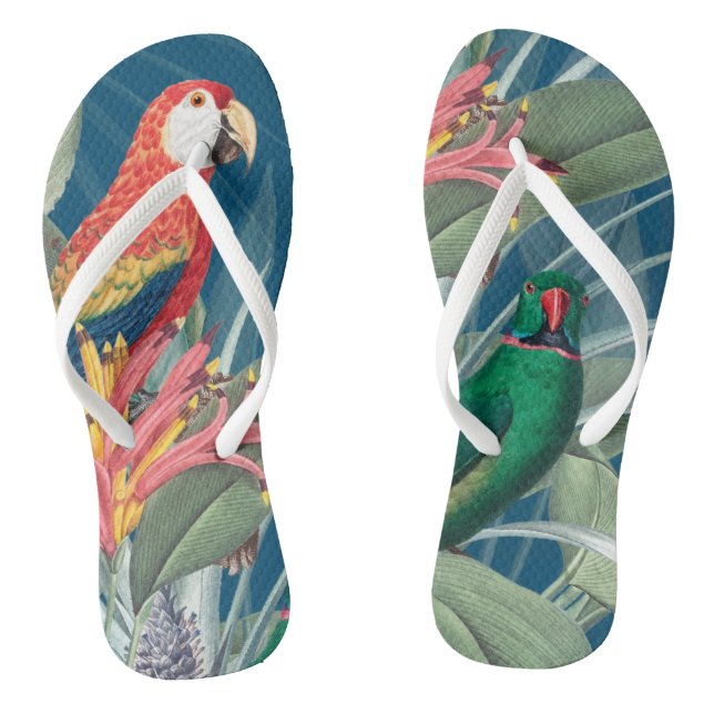Tropische Papageien und dunkelblaue Blüten Flip Flops (Fußbett)