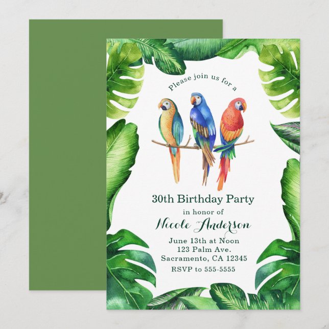 Tropische Papageien Vögel & Blätter Party Einladun Einladung (Vorne/Hinten)