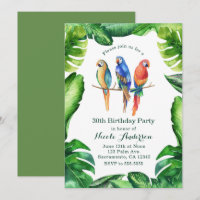 Tropische Papageien Vögel & Blätter Party Einladun