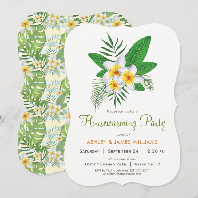 Tropische Party Einladung Plumeria Housewarming (Vorne/Hinten)