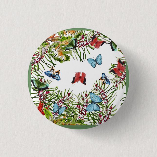 Tropische Pflanze Schmetterlinge Berries Red Blue Button (Vorderseite)