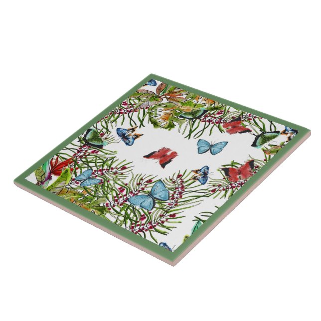 Tropische Pflanze Schmetterlinge Berries Red Blue Fliese (Seite)