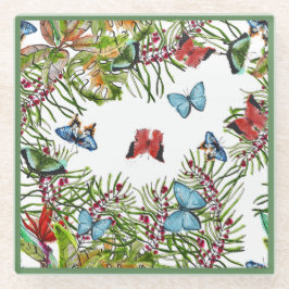 Tropische Pflanze Schmetterlinge Berries Red Blue Glasuntersetzer