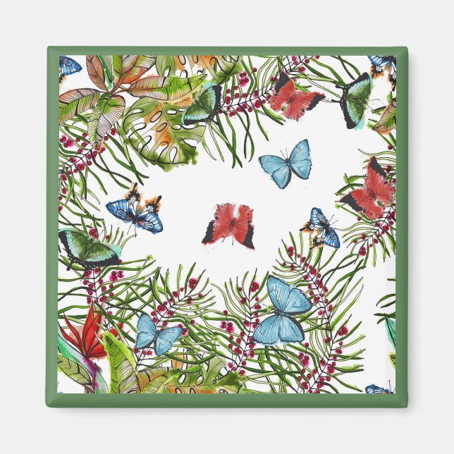 Tropische Pflanze Schmetterlinge Berries Red Blue Magnet (Vorne)