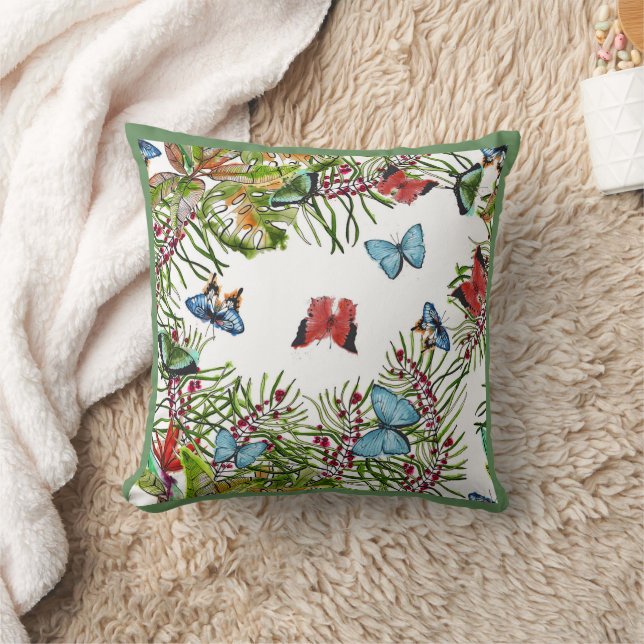 Tropische Pflanze Schmetterlinge Rot Blau Kissen (Decke)