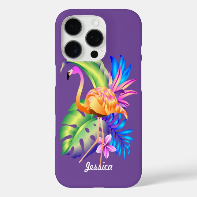Tropische Pflanze und Flamingo Lila Personalisiert iPhone 16 Pro Hülle (Rückseite)