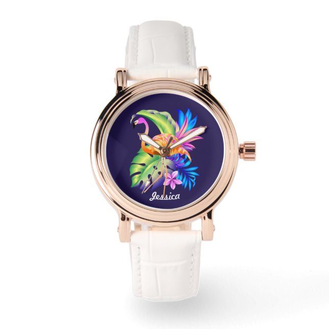 Tropische Pflanze und Flamingo Personalisiert Armbanduhr (Vorderseite)