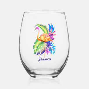 Tropische Pflanze und Flamingo Personalisiert Weinglas Ohne Stiel