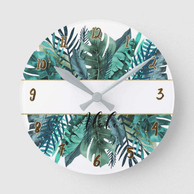 Tropische Pflanzen-botanischer Blätter-TropenChic Runde Wanduhr (Vorderseite)