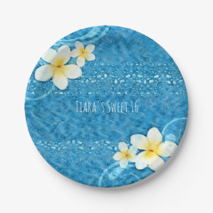 Tropische Plumeria-Blume Blaue Sommerparty Pappteller