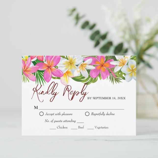 Tropische Plumeria Temple Tree Wedding RSVP Card (Stehend Vorderseite)