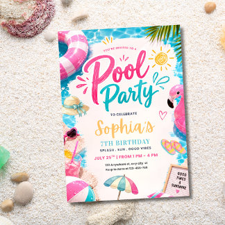 Tropische Poolparty Geburtstag Flamingo Sommerpart Einladung