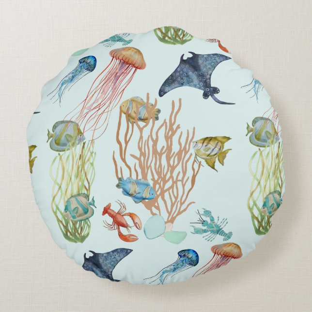 Tropische Quallen Korallen und Fische rund Kissen (Rückseite)