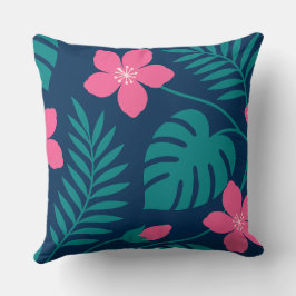 Tropische rosa Blumen und grünes Blattwerk Design Kissen