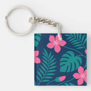 Tropische rosa Blumen und grünes Blattwerk Design Schlüsselanhänger
