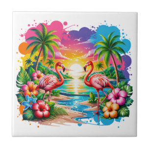 Tropische rosa Flamingo-Sonnenuntergangs-Paradies- Fliese