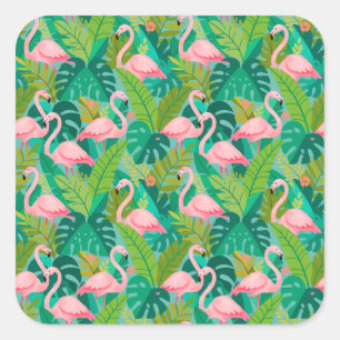 Tropische rosa Flamingos Dschungelfoliage Quadratischer Aufkleber