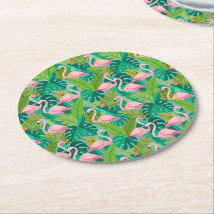 Tropische rosa Flamingos Dschungelfoliage Runder Pappuntersetzer