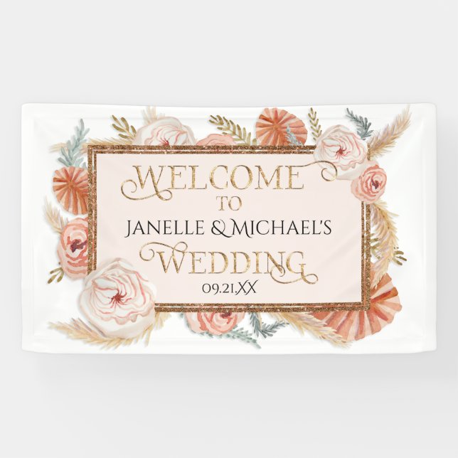 Tropische Rose Gold Aquarellpalmen Banner (Horizontal)