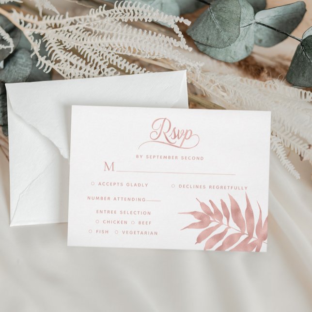 Tropische Rose Gold Leaf Modernes White Wedding RS RSVP Karte (Von Creator hochgeladen)
