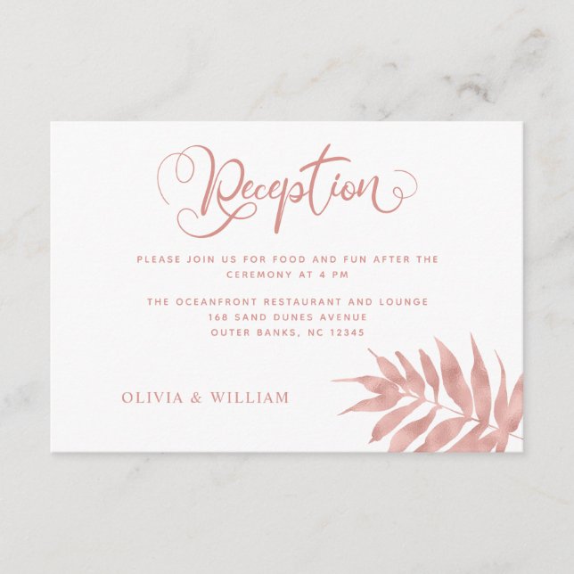 Tropische Rose Gold Palm Leaf Hochzeitsempfang Begleitkarte (Vorderseite)