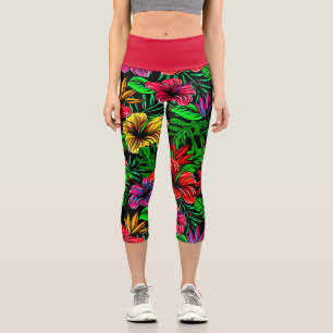 Tropische rote gelbe rosa Hibiskusblüte Capri Leggings