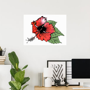 Tropische rote Hibiskusblüte mit grünen Blättern Poster