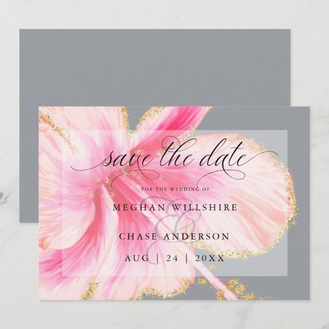 Tropische rustikale Wasserfarbe Rosa Blume Save The Date (Vorne/Hinten)