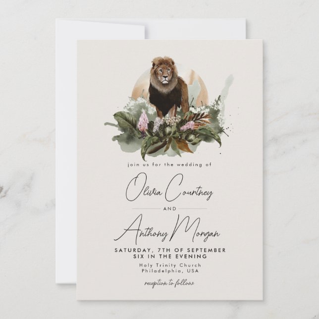 Tropische Safari-Jungle-Löwen-Hochzeit Einladung (Vorderseite)