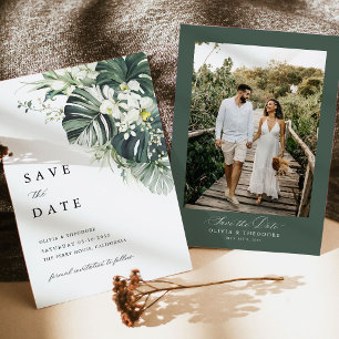 Tropische Salbei-Grün-Monstera-Foto-Hochzeit Save The Date