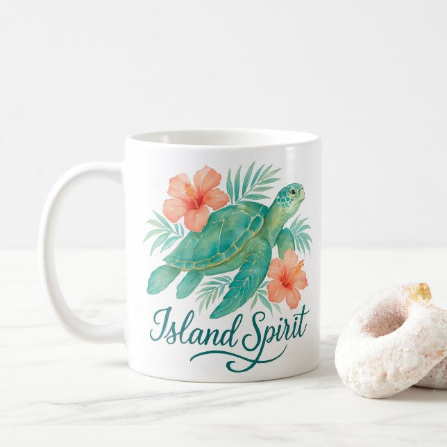 Tropische Schildkröte mit Hibiskus und Blättern Kaffeetasse (Mit Donut)