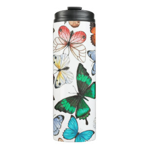 Tropische Schmetterlinge: buntes Aquarellmuster. Thermosbecher