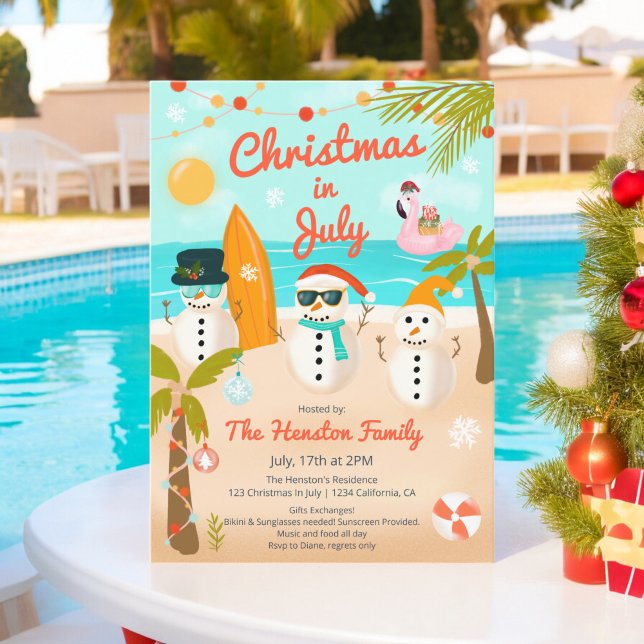 Tropische Schneemänner schwimmen Palm Weihnachten  Einladung (Tropical Snowmen floater Palm Christmas in July Invitation)