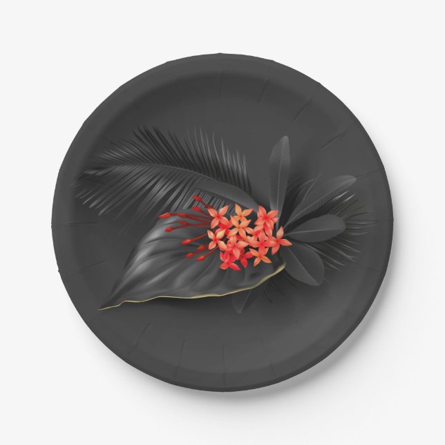 Tropische schwarze Blätter und rote Blume Pappteller (Vorderseite)