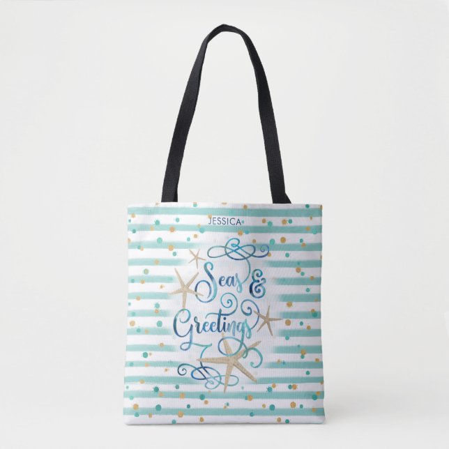 Tropische "SEAson's Greetings" Aquamarine Streifen Tasche (Vorderseite)