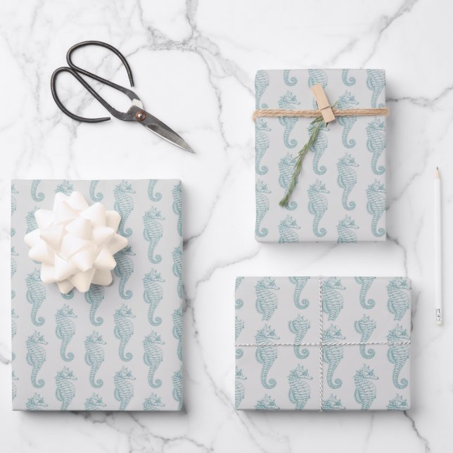 Tropische Seepferde, Seepferd Muster - Blau grau Geschenkpapier Set (Vorderseite)