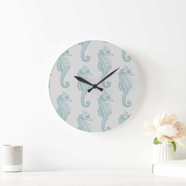 Tropische Seepferde, Seepferd Muster - Blau grau Große Wanduhr (Zuhause)