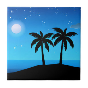 Tropische Silhouette mit Mond und Sternen Fliese